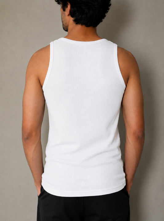 Premium Cotton Elastane Ribbed Sleeveless Vest - White