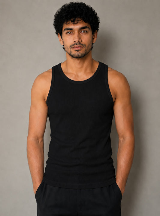 Premium Cotton Elastane Ribbed Sleeveless Vest - Black