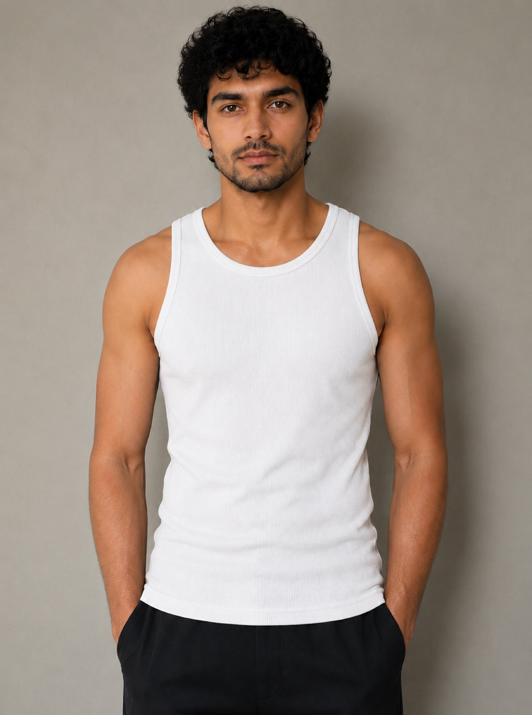 Premium Cotton Elastane Ribbed Sleeveless Vest - White