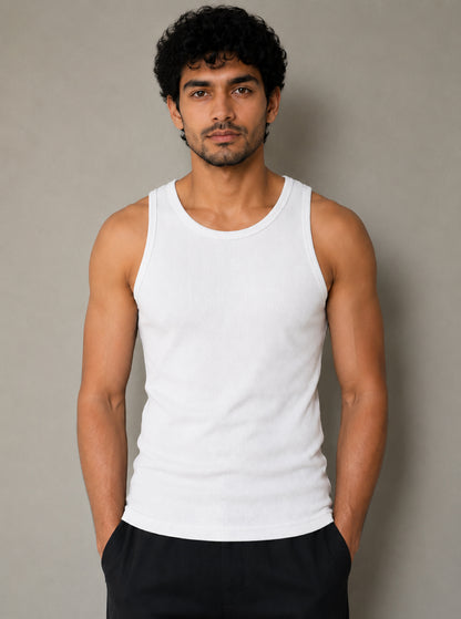 Premium Cotton Elastane Ribbed Sleeveless Vest - White