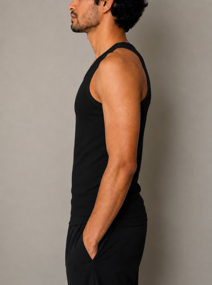 Premium Cotton Elastane Ribbed Sleeveless Vest - Black