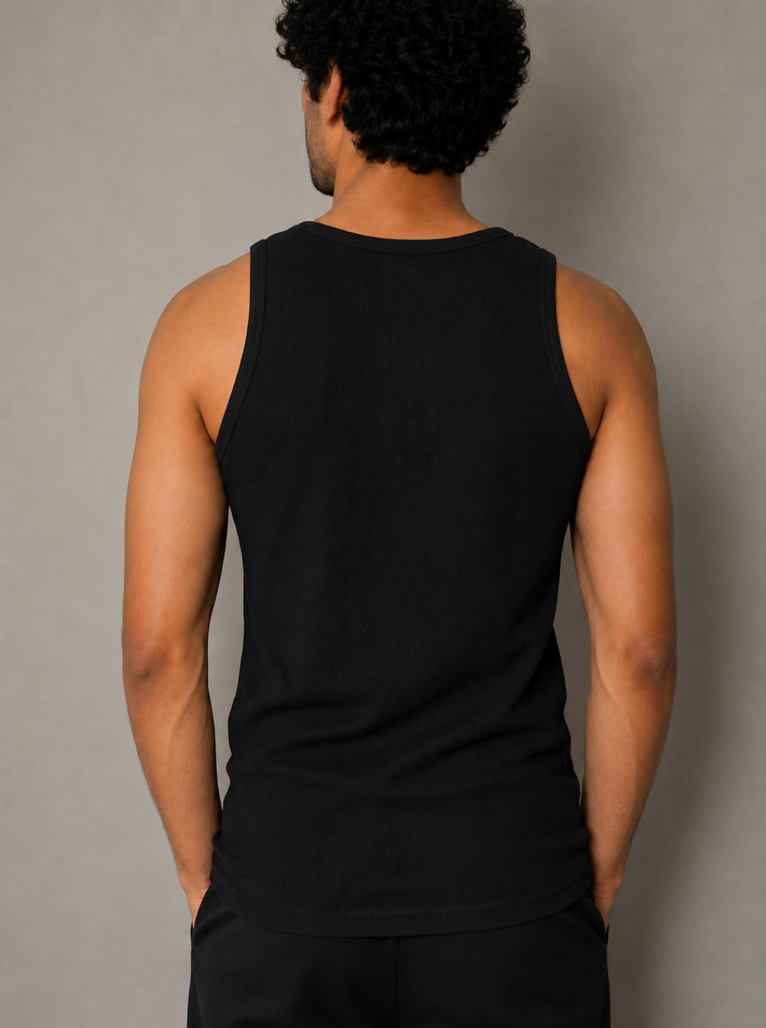 Premium Cotton Elastane Ribbed Sleeveless Vest - Black