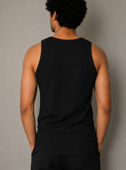 Premium Cotton Elastane Ribbed Sleeveless Vest - Black