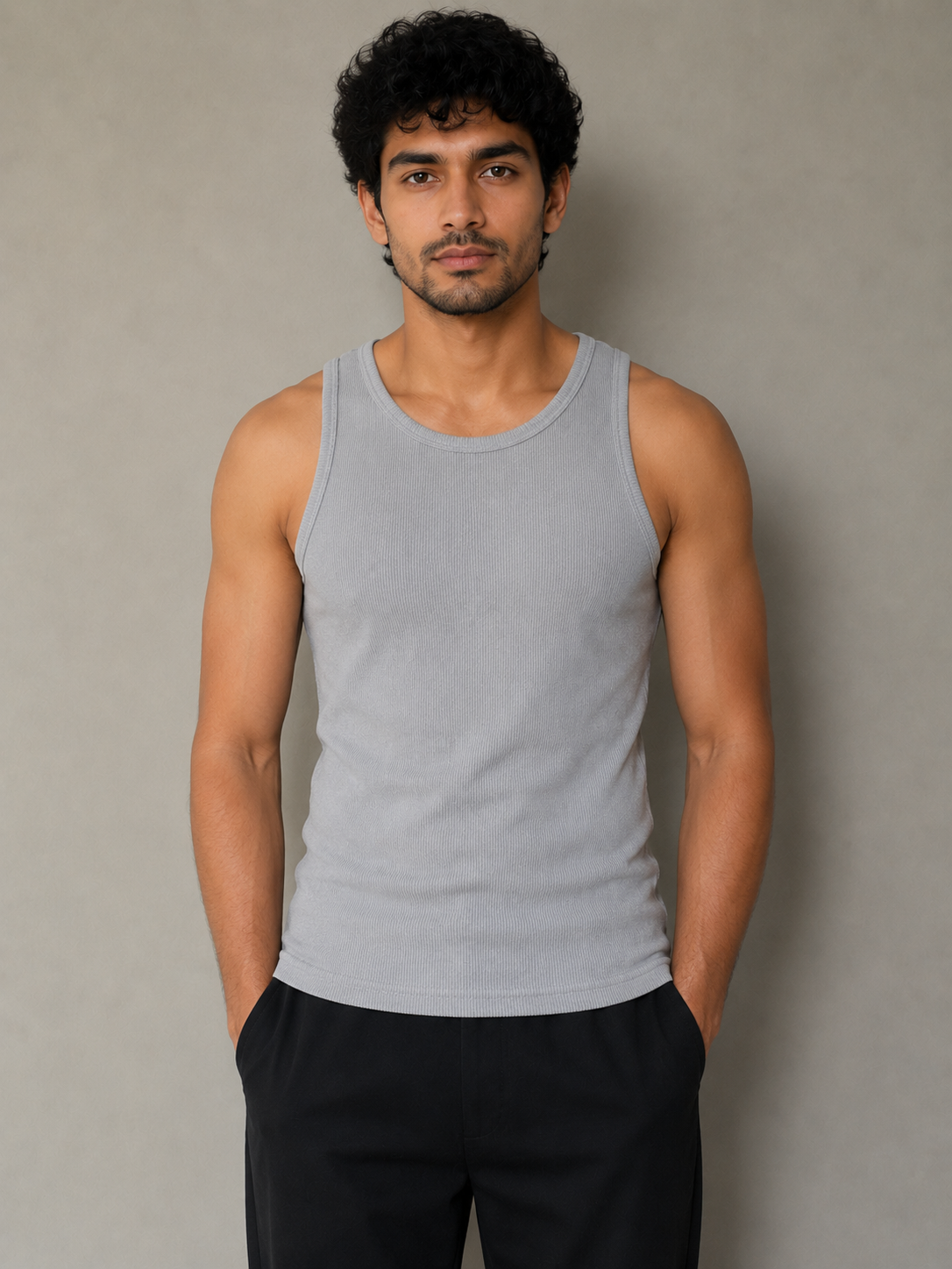 Men's gray ribbed cotton vest for everyday comfort and clean fit