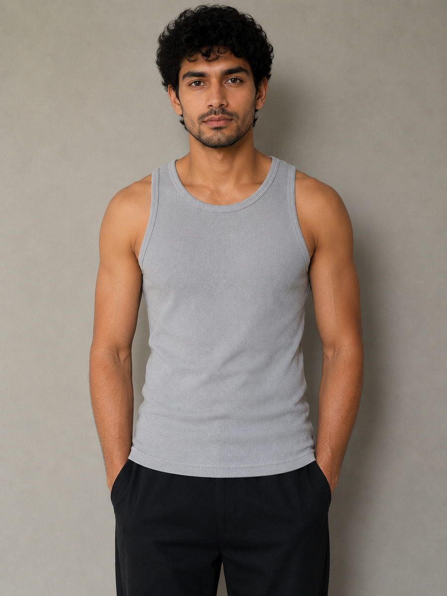 Premium Cotton Elastane Ribbed Sleeveless Vest - Grey